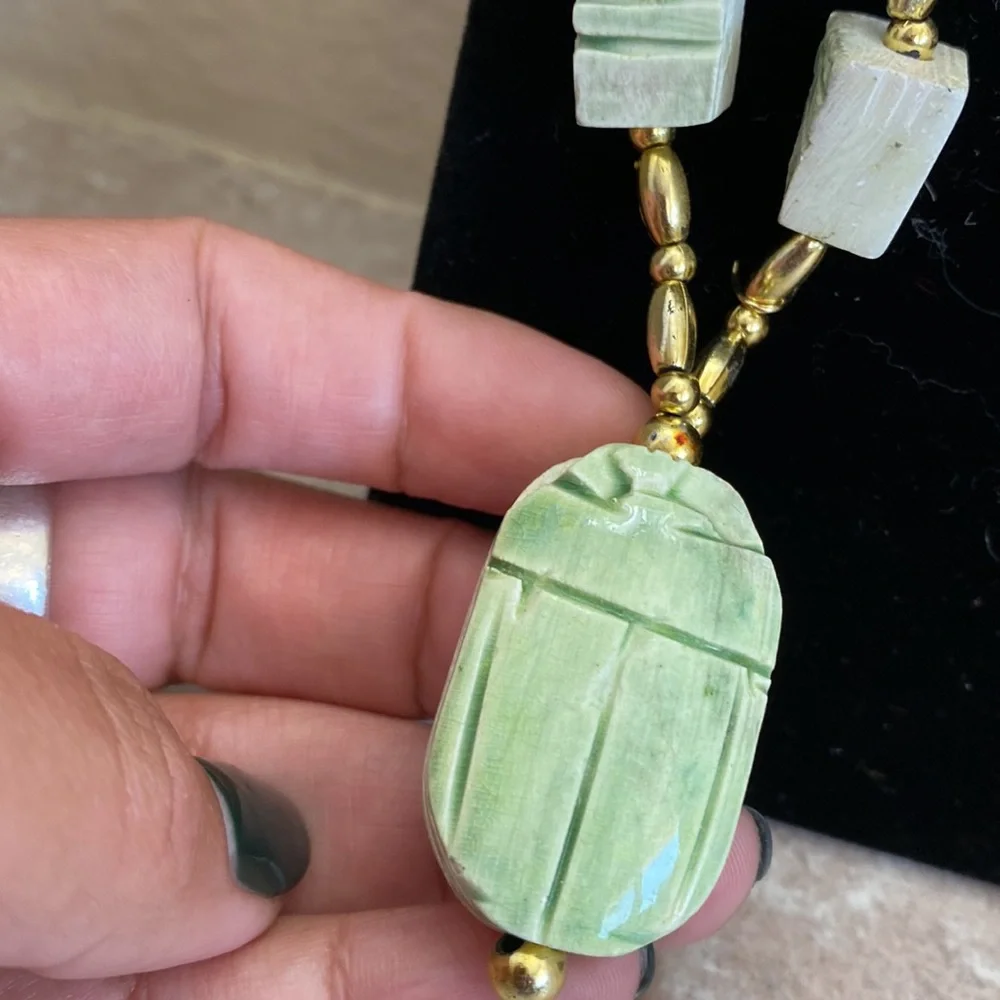 Vintage Scarab Beetle Stone Necklace - Picture 2 of 8
